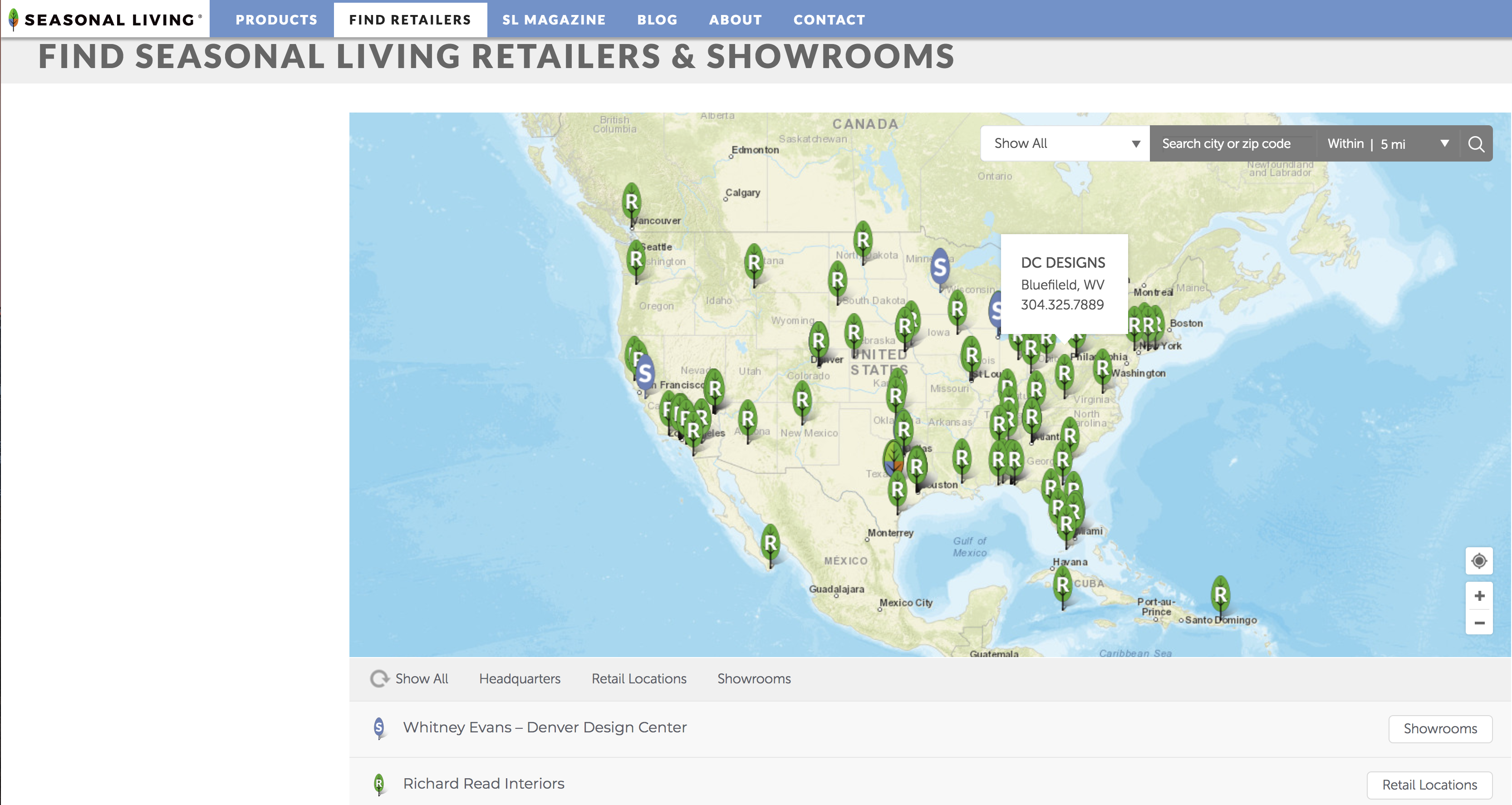 Seasonal Living Trading Company's Retailer Locator Map