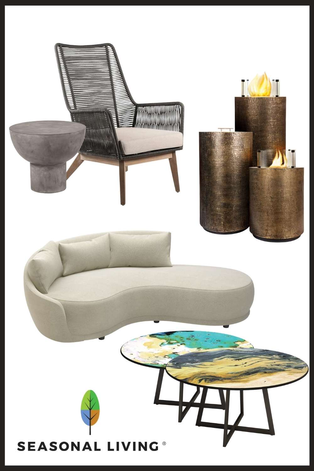 Seasonal Living indoor outdoor furniture material palettes, copper, eucalyptus wood, lightweight concrete, volcanic stone