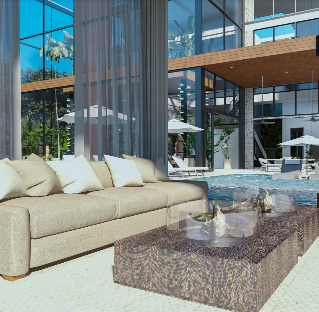 A rendering of Laura Muller's indoor/outdoor living area for Seasonal Living Magazine's virtual designer showhouse.