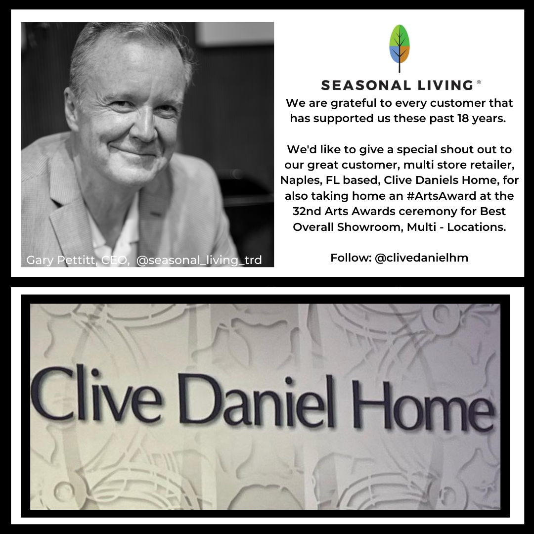 Seasonal Living CEO, Gary Pettitt, congratulates his customer, Clive Daniel Home, on their #ARTS award, too, for Best Overall Showroom, Multi - Locations.