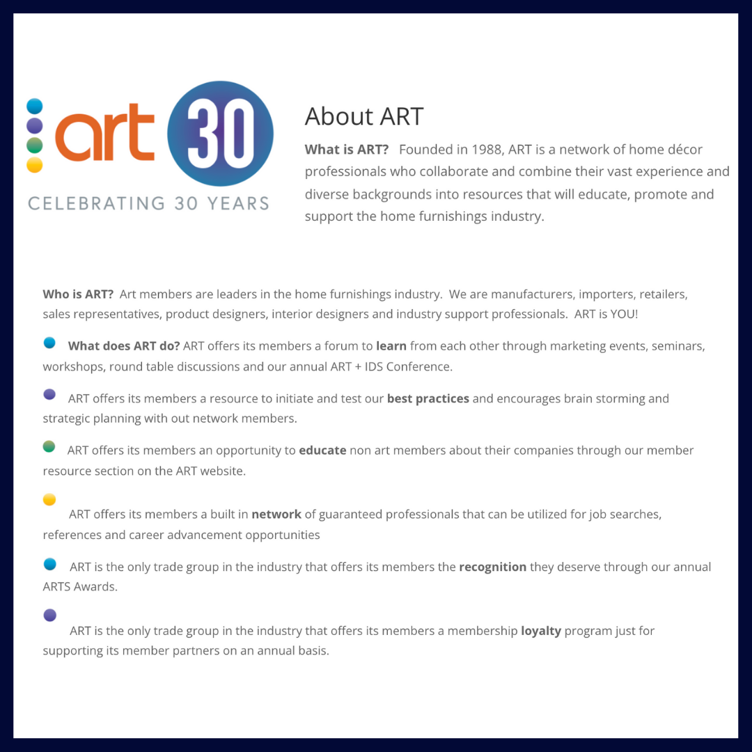 ART is a network of home decor professionals representing all stakeholders in the furniture, lighting, home decor and interior design industries. Their annual ARTSawards are like the Oscars of the home furnishings industry.